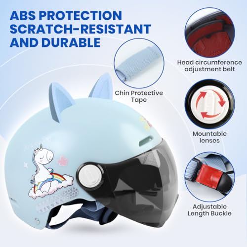 Proberos® Kids Bike Scooter Safety Helmet for 7-14 Year with UV Protection Visor Adjustable Chin Strap Anti-Impact Cushioning Cartoon Bunny Ear Unicorn Bicycle for Girls Boys Blue 3PCS