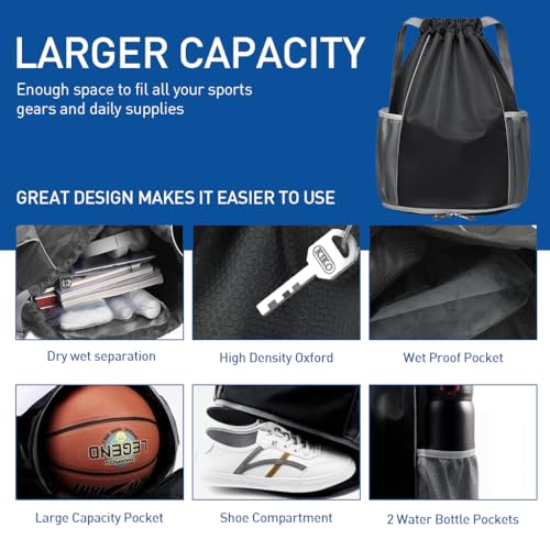 Proberos Sports Drawstring Backpack Basketball Drawstring Bag Fitness Bag Backpack with Shoe Compartment Fitness Drawstring Backpack Waterproof Outdoor Fitness Bag
