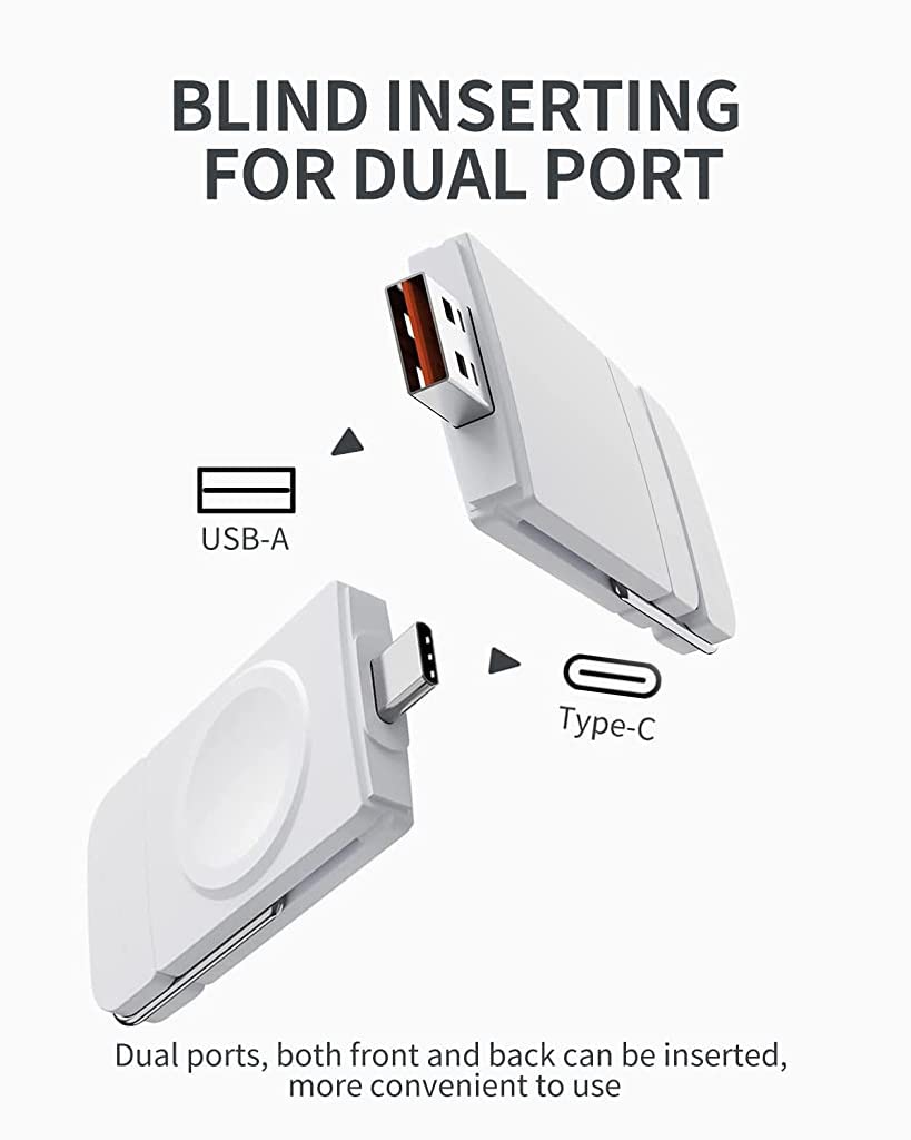 ZORBES Wireless Watch Charger for Apple Watch, 2 in 1 USB A/USB C Portable Charger Plug and Go Wireless Charger for Apple Watch Series Ultra 8 7 SE 6 5 4 3 2 1, White