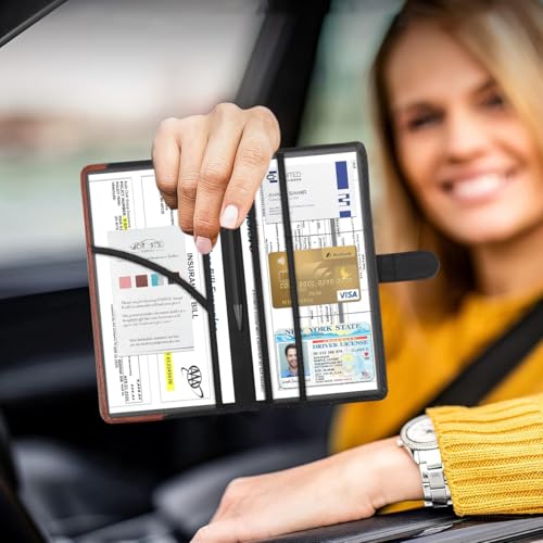 STHIRA® Car Document Holder with Secure Closure Durable Auto Truck Bag Multi Compartment Card Slots Bifold PU Leather Registration and Insurance for Glove Box License Cards 3PCS
