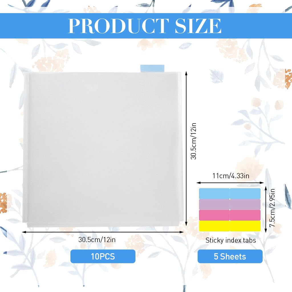 HASTHIP 10Pcs File Holder Filer Folder Organizer 12 Inches Square File Holder File Storage Bags with 40 Colorful Index Stickers Transparent Plastic Holder for Scrapbook Paper Cardstock Vinyl Paper