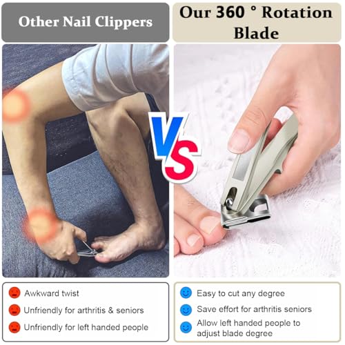 MAYCREATE Nail Clipper with Nail File Long Handle Stainless Steel Nail Cutter 360° Rotatable Nail Clipper Head Thick Nail Nail Clipper Travel Nail Clipper with PU Sleeve