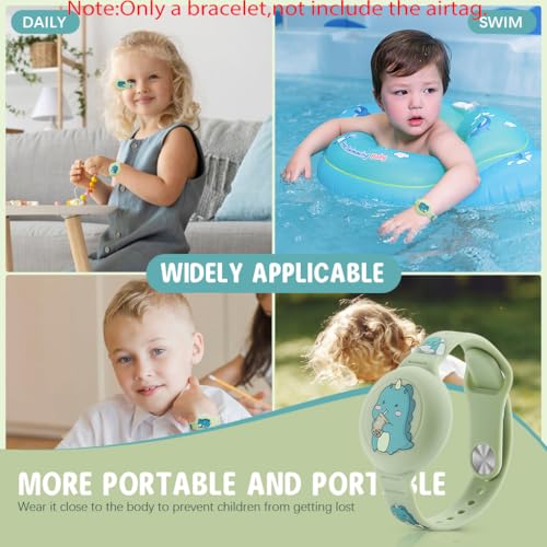 ZORBES® Kids Airtag Bracelet Cartoon Dino Silicone Wristband 9 Inches Adjustable Anti-Lost Waterproof Full Cover Protection for Air Tag Green 3PCS