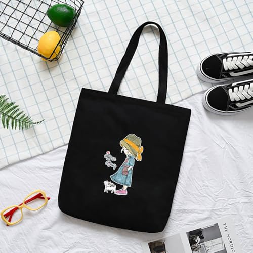 ZIBUYU® Aesthetic Canvas Tote Bag For Women, Reusable Cotton Shopping Bag, Modern Black Graphic Print, Foldable, Machine Washable, Eco-Friendly, Work, Beach, College & Daily Use, 1 Pc (Black)