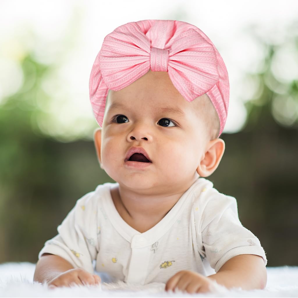 PALAY 3 Pack Turban Cap for Baby Girl Boy Cute Stretchy Baby Cap Soft Infant Beanie Baby Hat for Newborns Baby Head Cap Hat Accessories Shower Gifts Turban Bow Baby Cap 6-12 Months