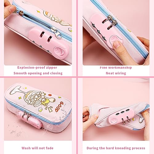 HASTHIP Large Capacity Pencil Case with Combination Lock, Big Capacity Pencil Pouch for Boys Girls, Waterproof Pencil Box with Pen Insert Compartment for School (Pink)
