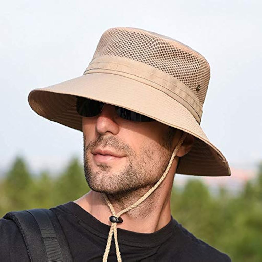 GUSTAVE® Synthetic Sun Cap Men Wide Brim Summer Hat with UV Protection Foldable Bucket for Fishing Trekking Outdoor Activities Beige Free Size 2PCS