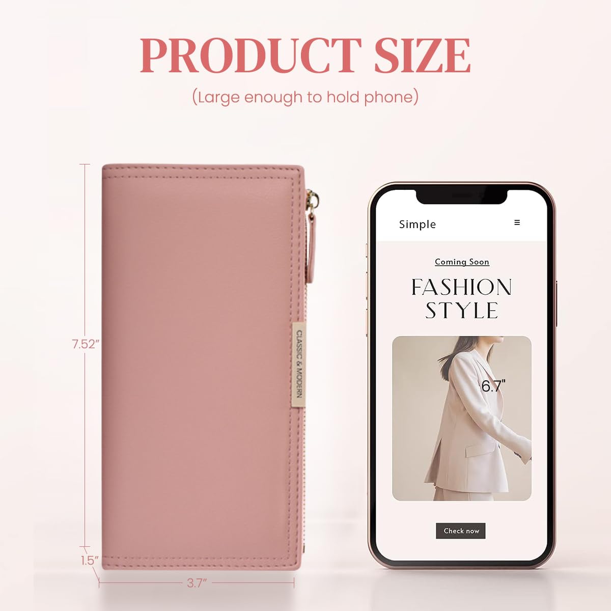 PALAY Wallet For Women Sleek Pink Women Purse Card Holder Card Bag Bifold Long Purse with Zipper Pouch Gift for Women Mother's Day Gift
