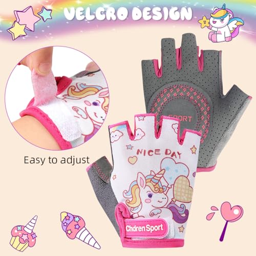 Proberos® Fingerless Riding Gloves for Kids Teen Girls Unicorn Skating Anti-Slip Padded Palm Design Breathable Sweat-Absorption Outdoor Sport S 2PCS