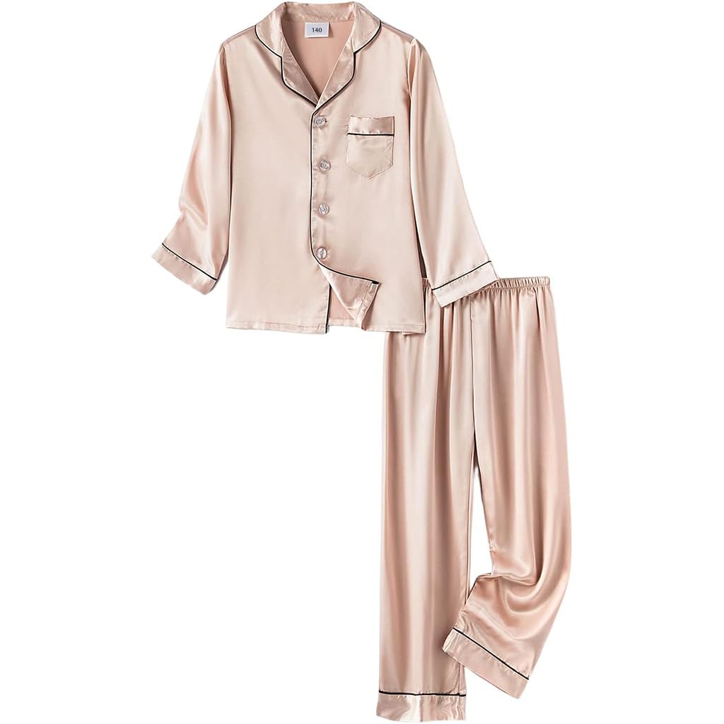 PALAY Girls Satin Pyjamas Sets Girls Boys Long Sleeve Button-Down Pjs Set 2PCs Silky Nightwear Sleepwear for 3-13Years, Champagne - 150