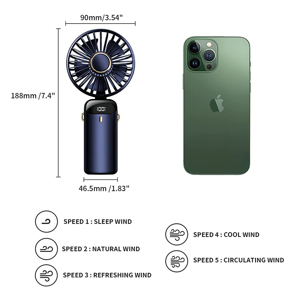 HASTHIP Hand Fan, Foldable 90° Mini Small Personal Fan, 3000mAh USB Rechargeable, 5 Adjustable Speeds Portable Hand Fan with Lanyard, Fragrance Sheet, Base and LED Battery Level Display (Blue)