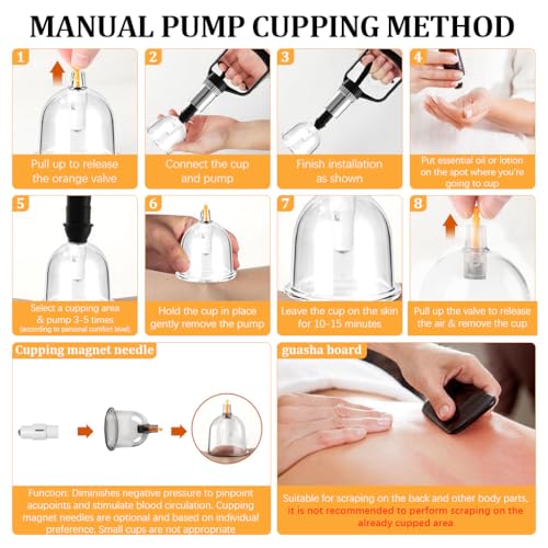 HANNEA® Vacuum Cupping Kit Cupping Therapy Set Relieves Aches and Pains Improves Circulation Home Tool with Assorted Sized Silicone Cups Manual Pump 3PCS
