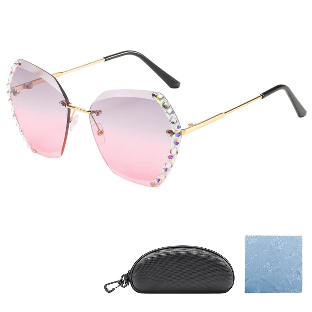 PALAY UV400 Protective Sunglasses for Women Stylish with Storage Box Glasses Cloth, Rimless Diamond Cutting Lens Women Sunglasses for Summer Driving Shades for Women(Style 2)