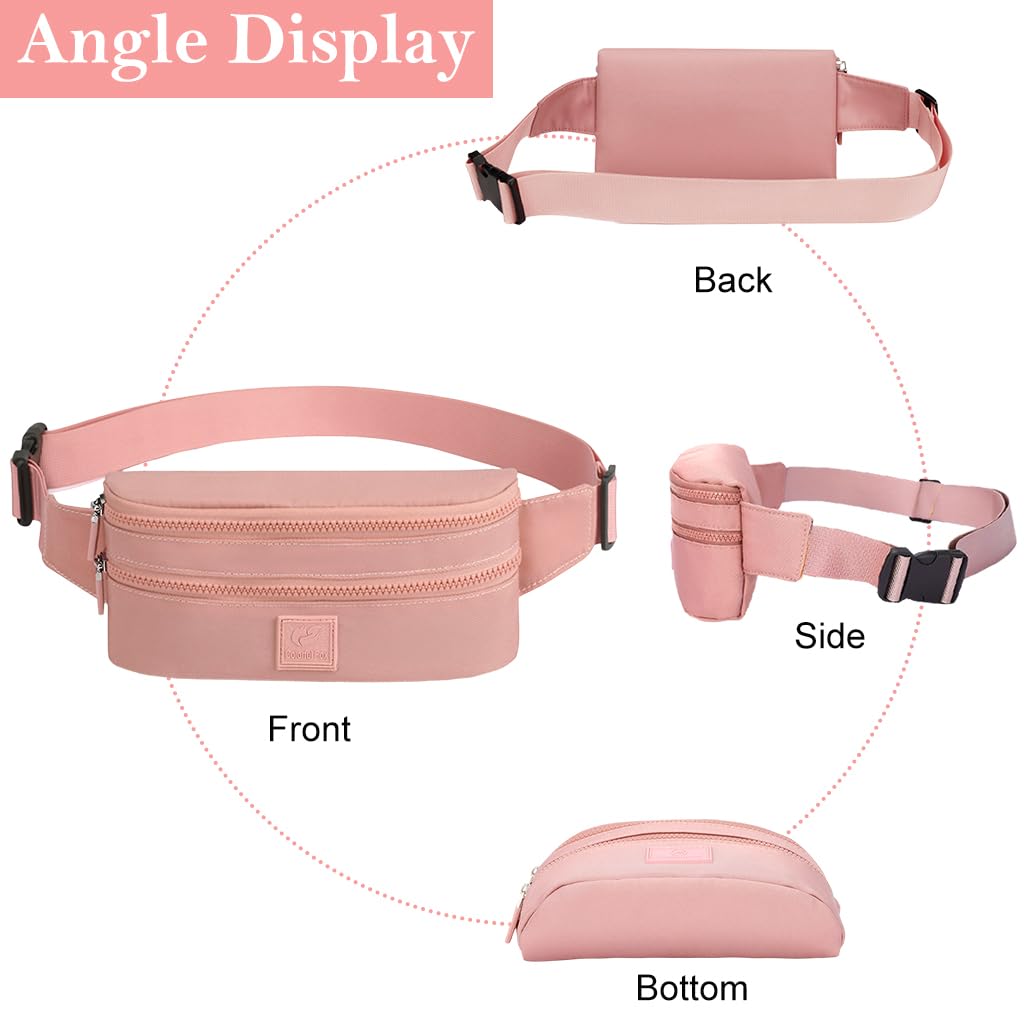 PALAY Fashion Waist Bag for Women Double Layer Lightweight Nylon Waist Pack Chest Bag Phone Sling Bag Casual Waist Bag with Adjustable Waist Belt Design Jogging Item Bag Bum Bag, Pink, 24x5x12cm