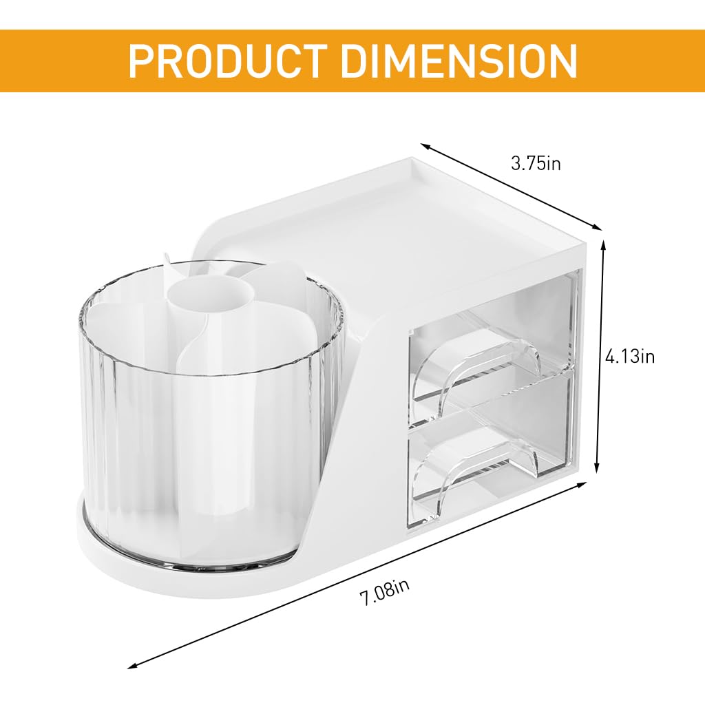 Climberty Desk Organizer with 2 Drawers, 360°Rotating Pen Holder for Desk, Desk Organizers and Accessories with 6 Slots Pencil Organizer + 2 Drawer, Art Supply Storage Box Caddy for Office (White)