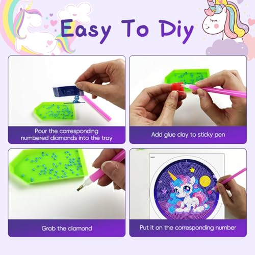 PATPAT DIY Diamond Art Painting Kit for Kids with 6.7 inches Frame, Cute Cartoon Unicorn Diamond Painting Art Kit for Kids, Painting by Number Kits DIY Diamond Painting Therapeutic Art Activity