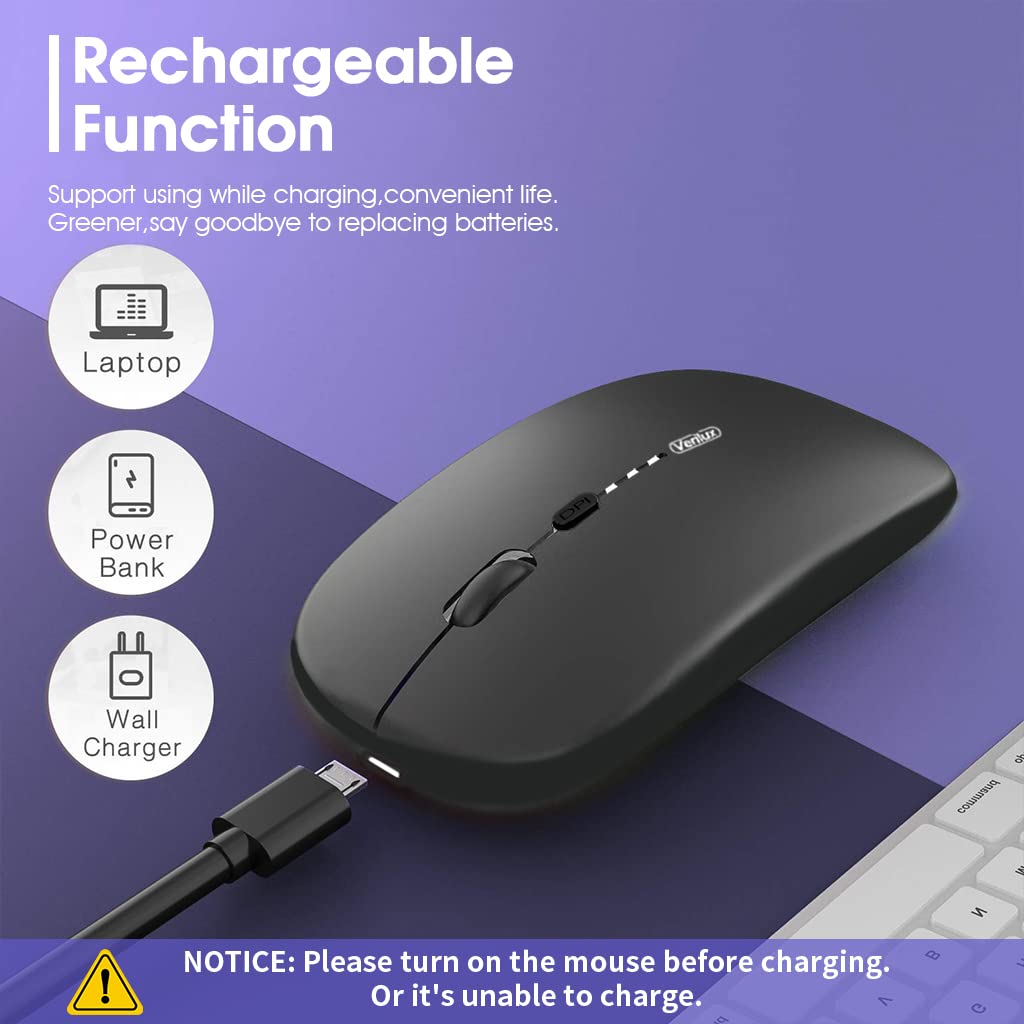 Verilux Wireless Mouse Rechargeable, Upgraded Ultra Slim 2.4G Silent Cordless Mouse Computer Mice 1600 DPI with USB Receiver for Laptop PC Mac MacBook, Windows (Black+Battery Level Visible)
