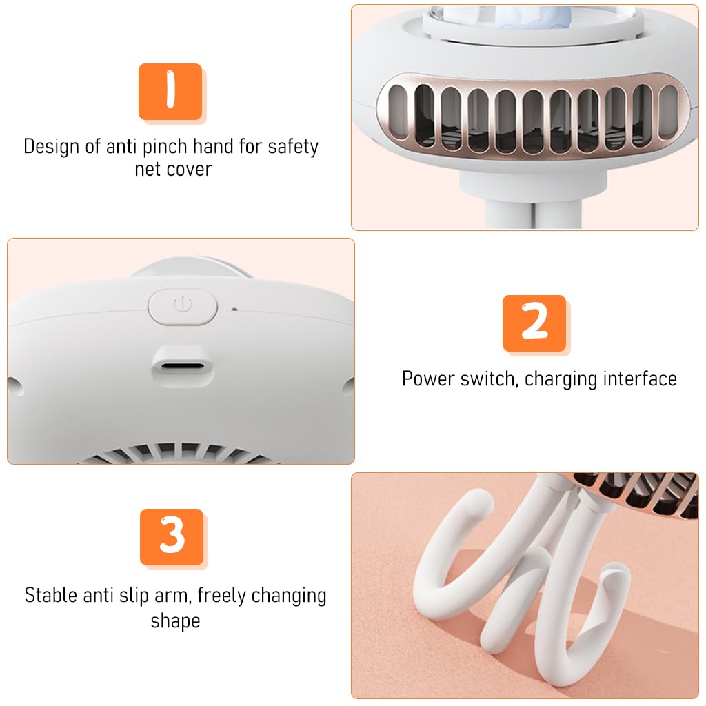 ZORBES Mini Portable Fan, Stroller Fan Mini USB Fan with 4 Speed Stroller Fan with 3 Silicone Claws USB Rechargeable Hand Fan 2000mAh Mini Fan Handheld Fan Desk Fan Portable Clip on Fan for Crib Stroller