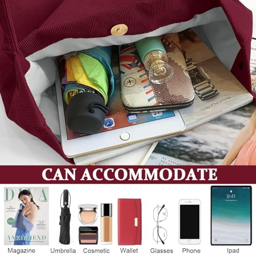 PALAY® Classic Tote Bag Corduroy Fashion Burgundy Large Hand Shoulder For Women Shopping Grocery Commuting 3PCS
