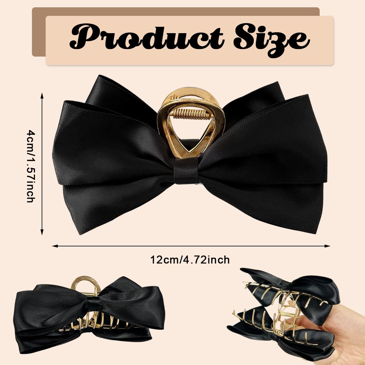 PALAY Large Bow Hair Claw Clips for Women Metal Hair Bow Claw Clip for Medium Thick Hair, Stylish and Elegant Non-slip Strong Hold Big Hair Clamp - Black