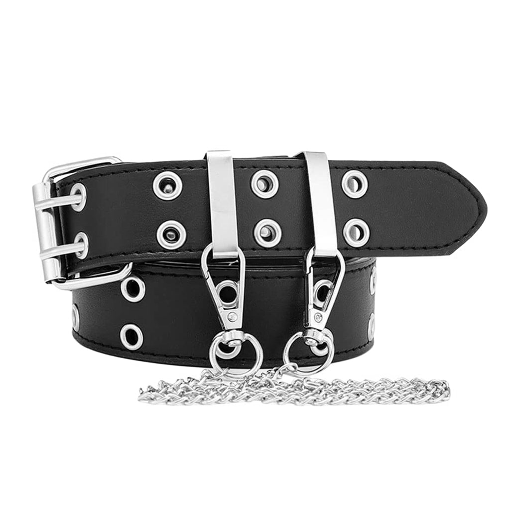 ZIBUYU Women Belt Punk Belt with Hip Chain 43 inches Women Belt Dual Row Hole Design PU Leather Belt Chic Women Belt for Pants Jeans Skirt