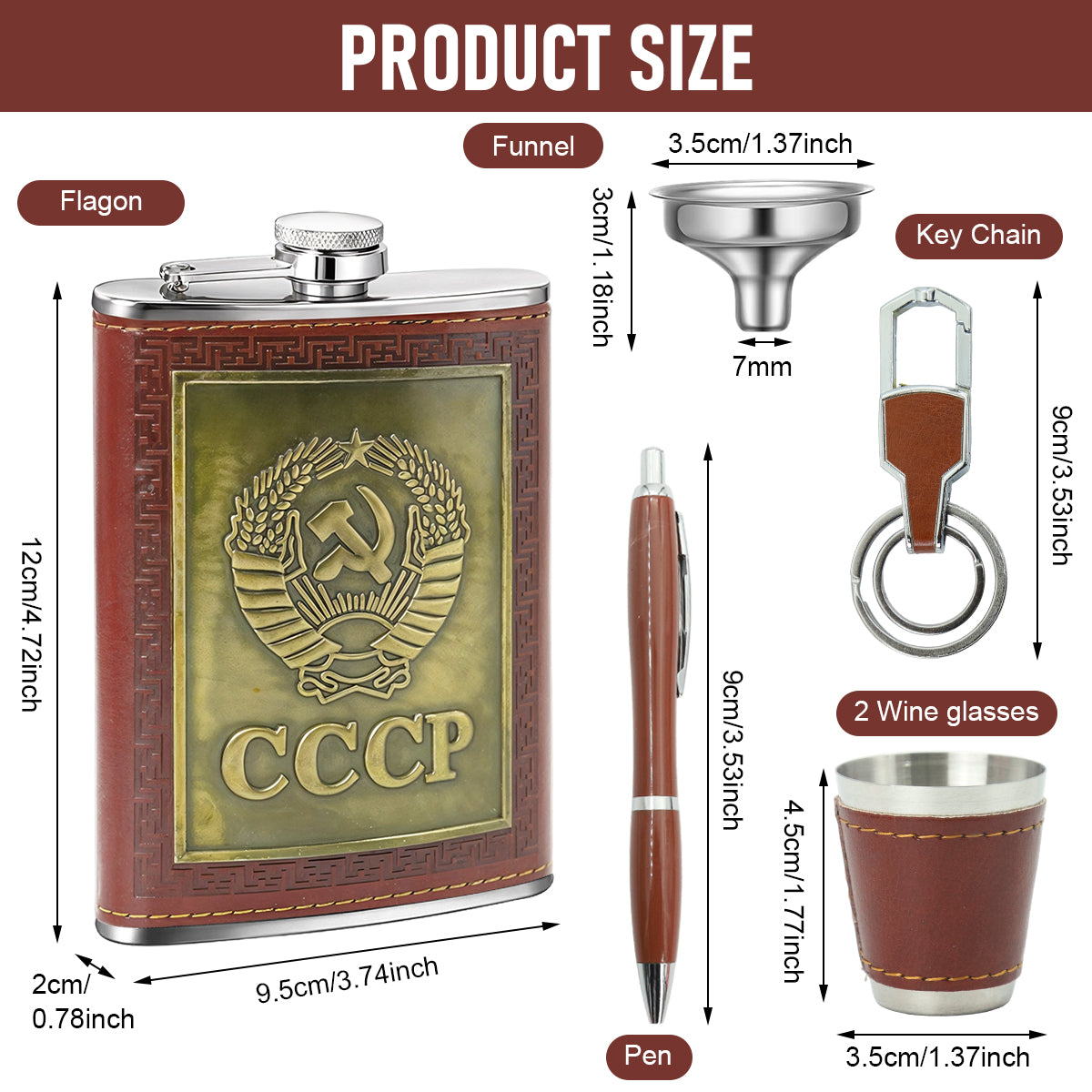HASTHIP Set of 6pcs 8 Oz Stainless Steel Whisky Flask Bottle Gift Box CCCP Embossed PU Finish with Funnel, Drinking Cups, Keyring, Pen, Liquor Flask Set for Men, Ideal Father's Day Gift