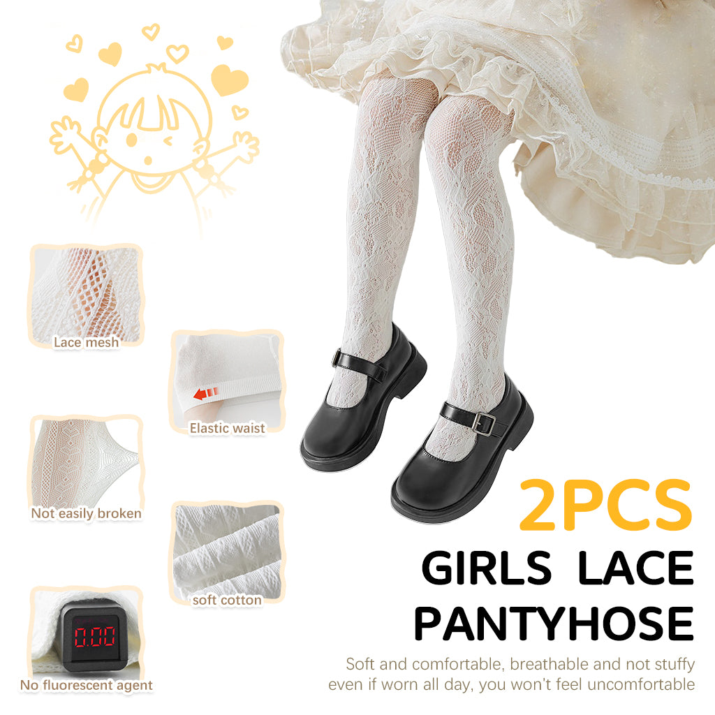 PALAY 2Pcs Lace Pantyhose for Kids Girls White Patterned Lace Socks Lace Stockings Stretchy Lace Leggings for Girls Lace Tights for Girls White Lace Stockings for Girls Kids 5-8 Years Old
