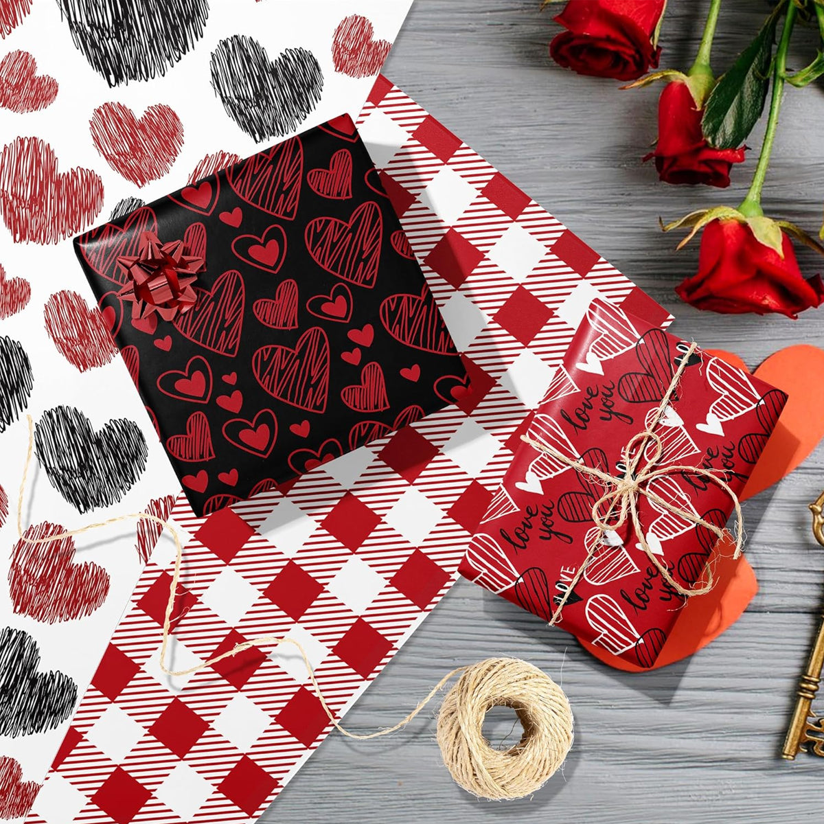 HASTHIP 12 Sheet Valentine's Day Wrapping Paper for Men Women - Heart, Love Design Gift Wrap Gift Packing Material for Birthday, Wedding, Anniversary, 26.7x16.7inches