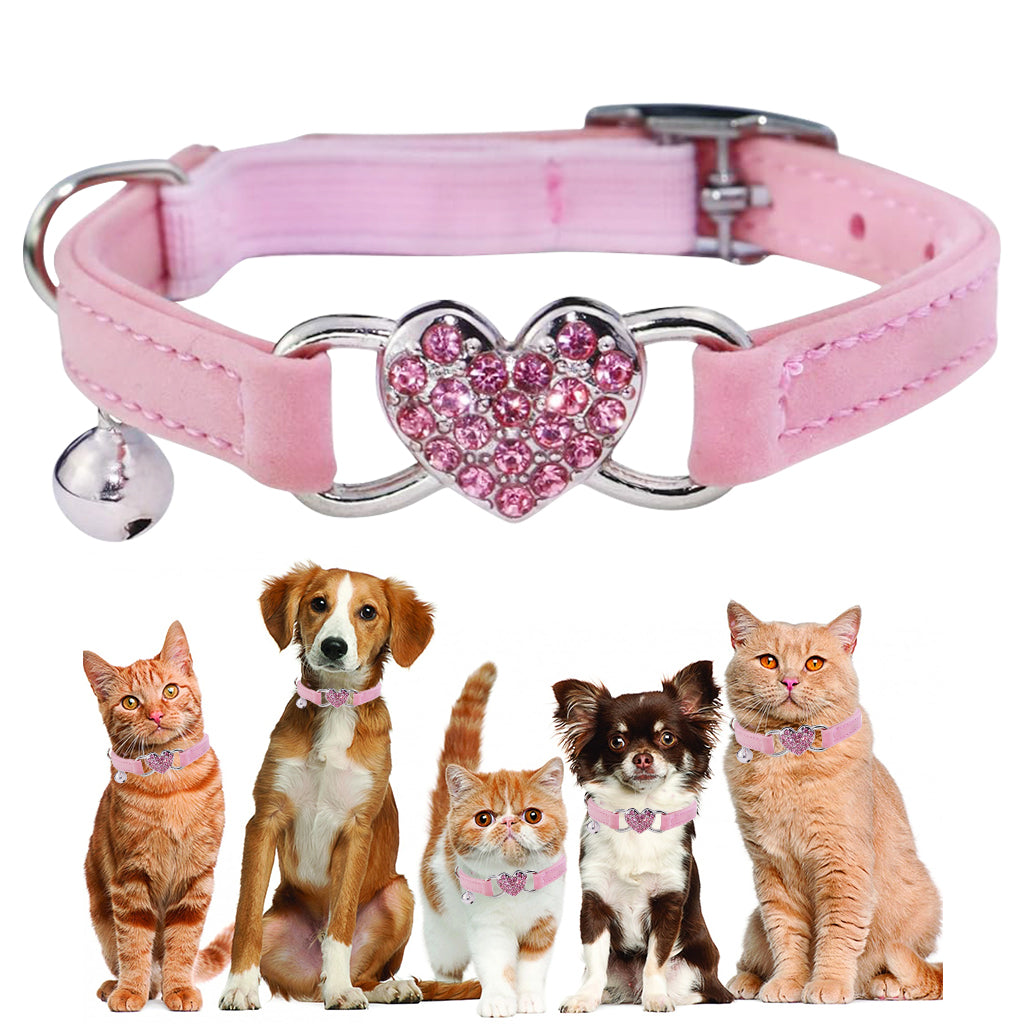 Qpets Cat Collar Bling Bling Cat Collar with Bell & D Ring Pink Rhinestone Embellished Heart Charm Cat Collar Adjustable Pet Collar for Cats Samll Dogs