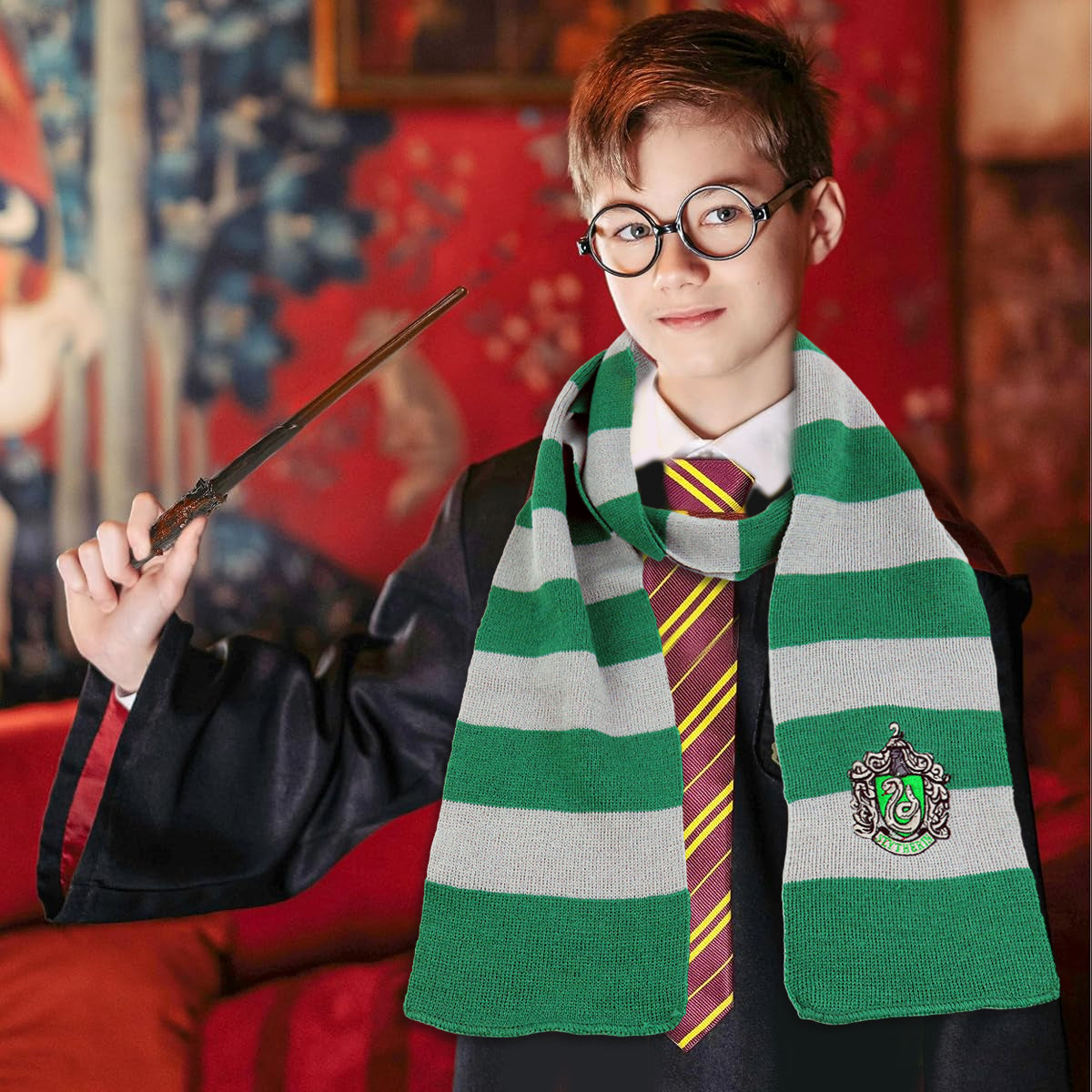 PATPAT Knit Neck Scarf Magic College Styles Striped Winter Neckerchief Movie Character Cosplay Costume Accessory for Party Green
