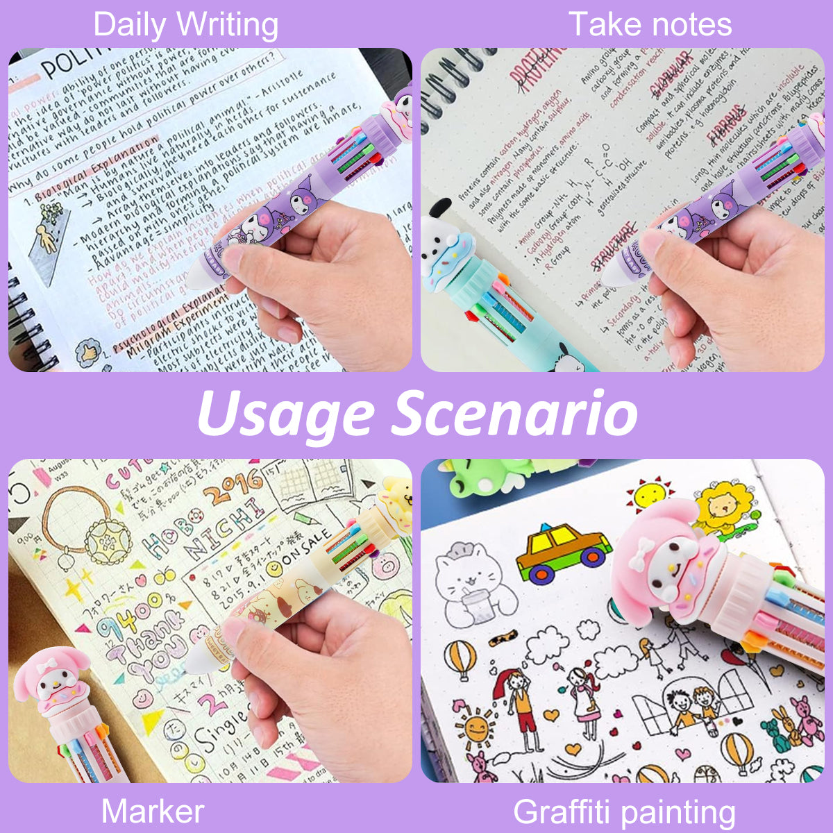 Climberty 6Pcs Ball Pen Set, 10-in-1 Multi Colour Pens Set Kawaii Melody Kuromi Stationery, Cute Stationery Items 0.5mm Click Ball Point Pens Birthday Gift Children's Day Gift