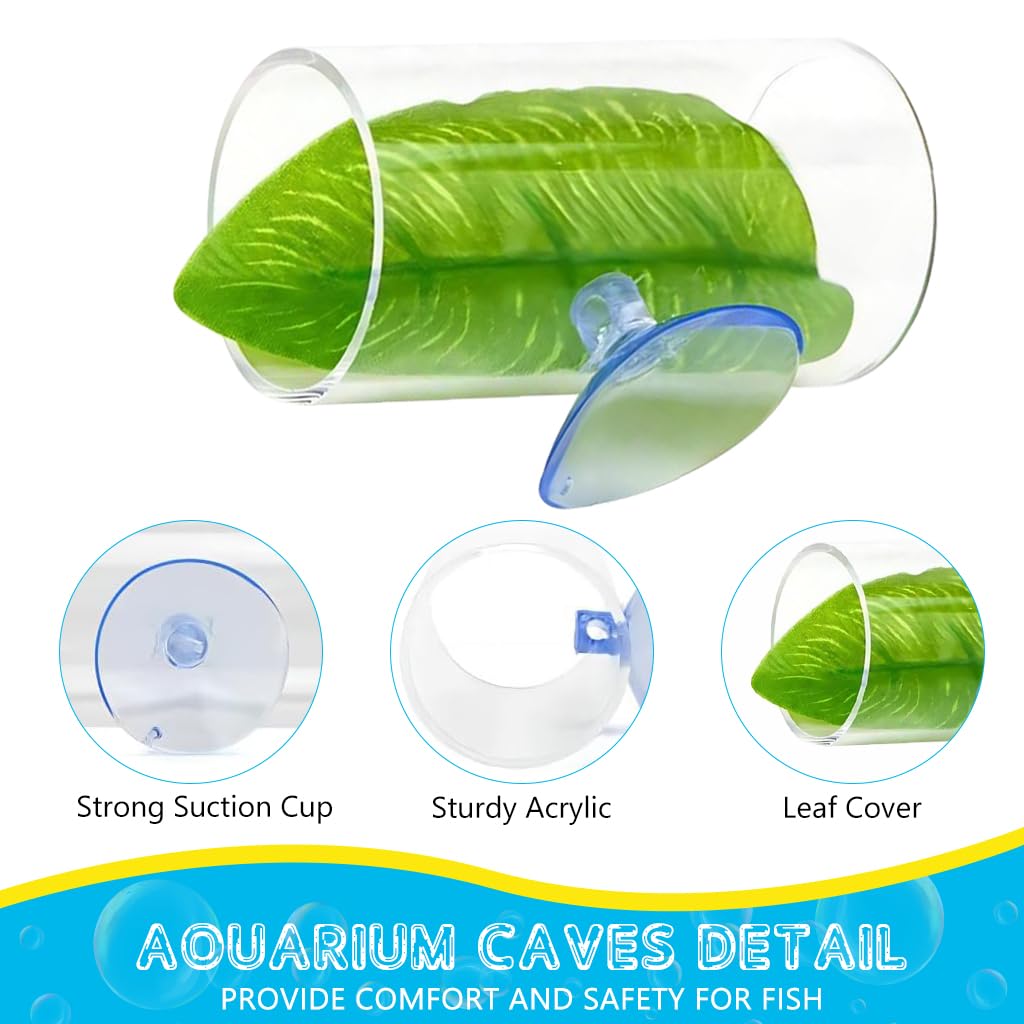 Qpets Betta Fish Hiding Cave, 3'' Acrylic Hiding Tunnel for Betta Fish Hiding Tube Cave Fish Tank Green Leaf Decorative Betta Fish Hiding Cave with Suction Cup Fish Tank Decorative Accessories