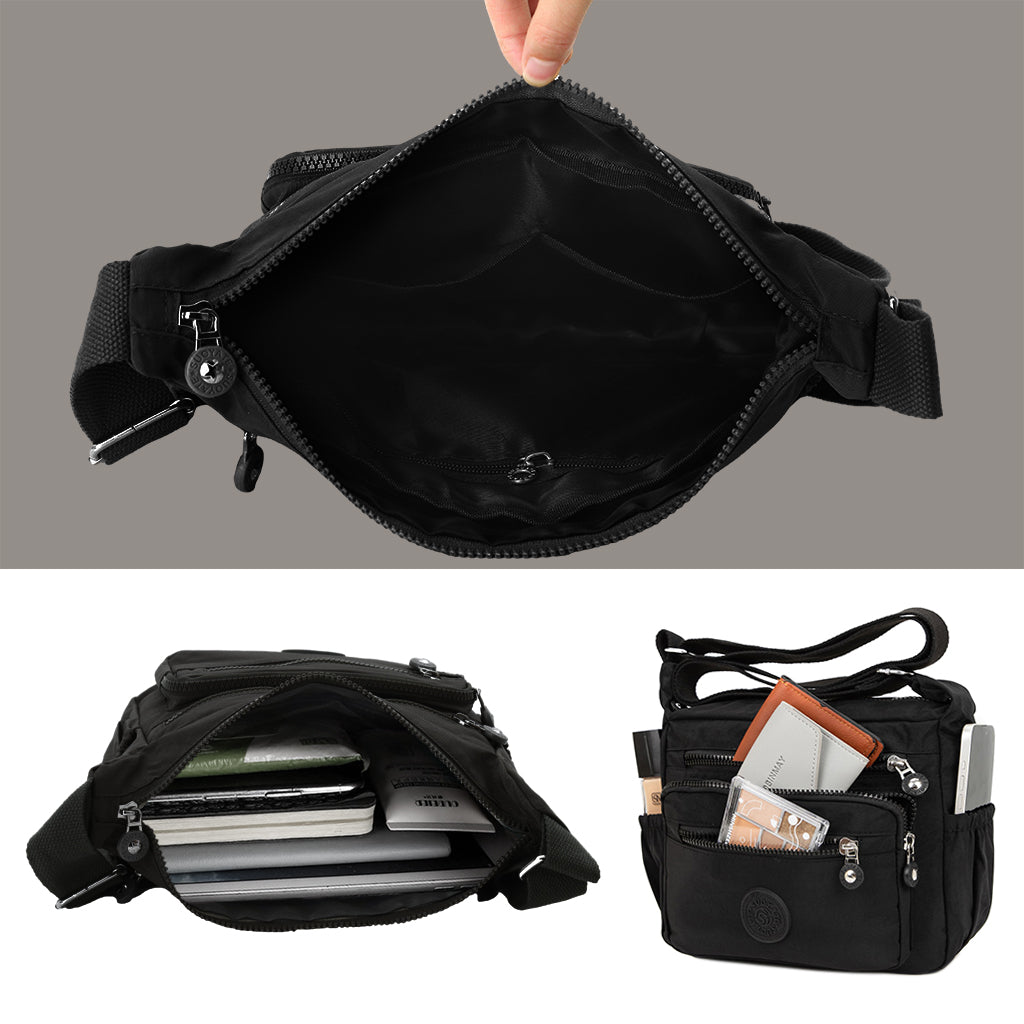 PALAY Women Crossbody Bag Waterproof Nylon Multi-Layer Crossbody Bag Casual Satchel Bag Shoulder Bag Messenger Bag Travel Crossbody Bag, Black