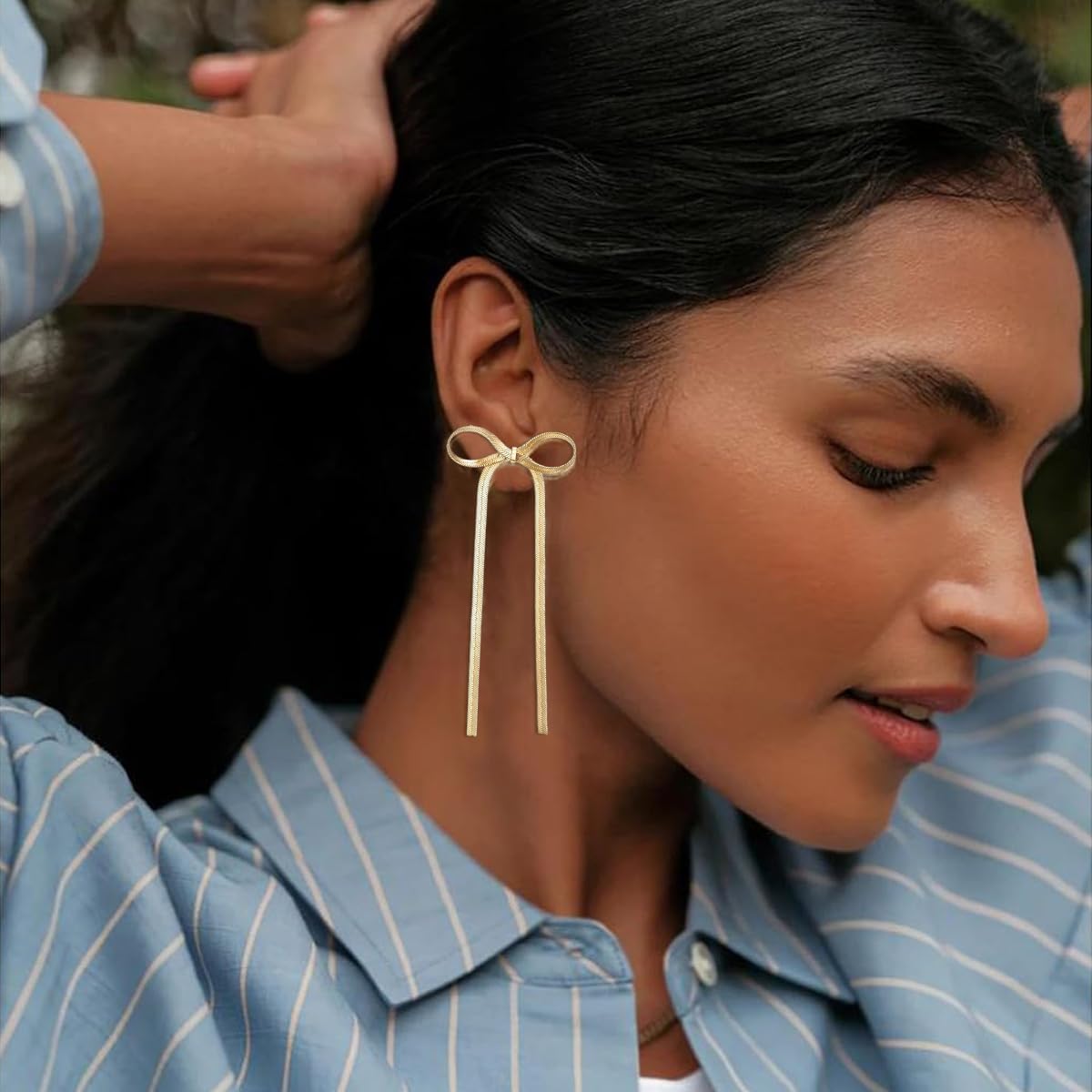 SANNIDHI Bow Earrings for Women Fashion 4'' Bow Drop Studs Earrings for Women Gold Soft Steel Dangle Earrings Long Tassel Chain Earrings Wedding Statement Gifts for Women - 1 Pairs