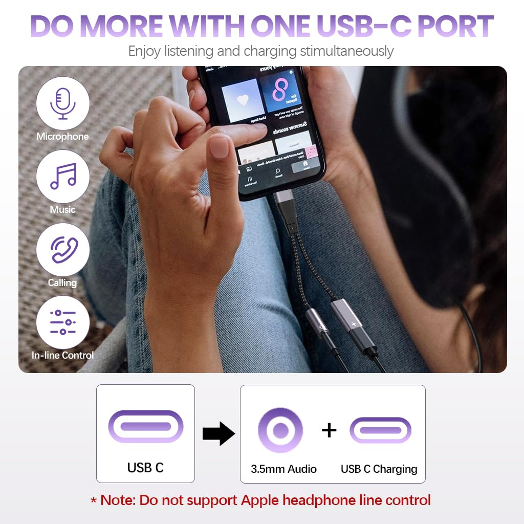 Verilux USB C Charging Cable 2 in 1 USB C Audio Cable USB C to 3.5mm Jack Aux Cable PD 60W USB C Male to Female Charging Cable Car Audio Cable Compatible with i-Phone 16/15, Galaxy S24/S23 Ultra