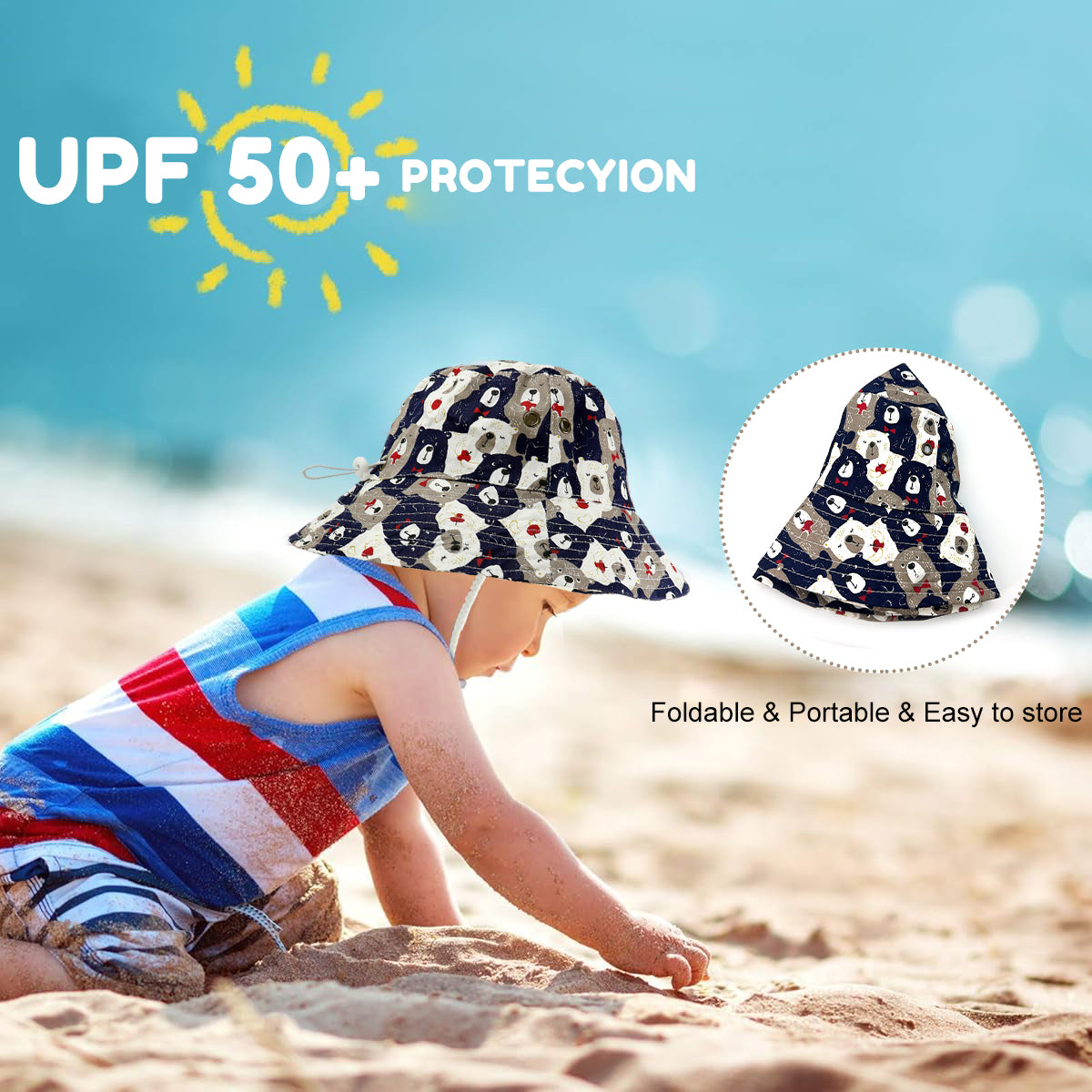 PATPAT Kids Sun Hat for Boys Girls Aged 4-6 Cartoon Bear Printed Bucket Hat Child Beach Hat with Chin Strap Packable Sun Hat Travel Outdoor Hat for Kids Children's Day Gift Birthday Gift