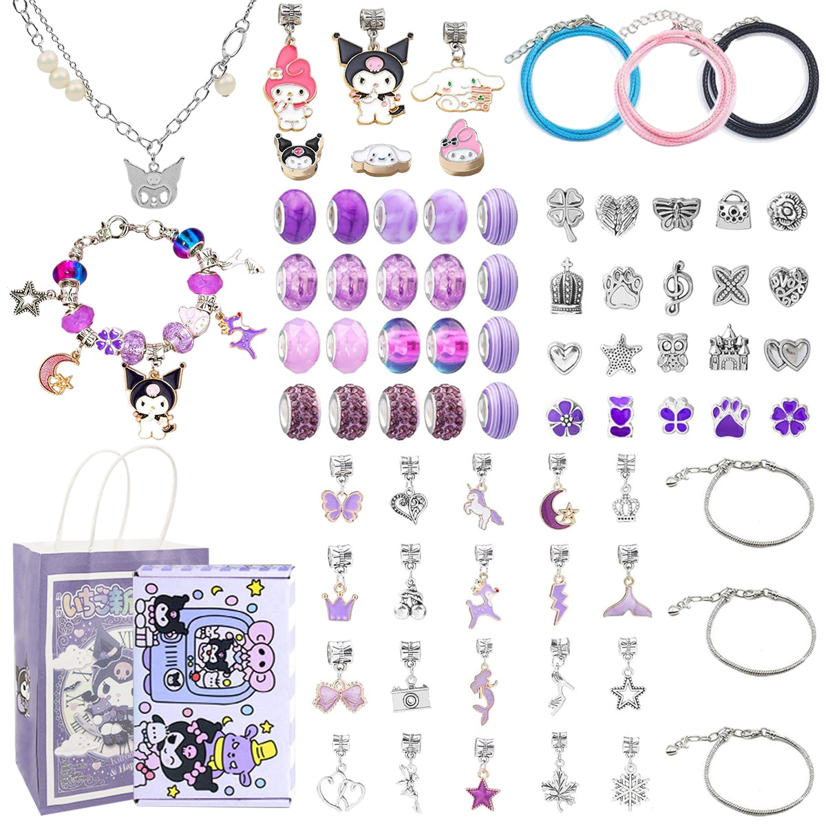 SANNIDHI Kuromi Charm Bracelet Making Kit, Sanrio-Themed Jewelry Bracelet Making Set, DIY Craft for Girls, Kuromi Bracelets Necklaces Set, Children Day Christmas Gift for Girls Kids Teens Ages 5-14