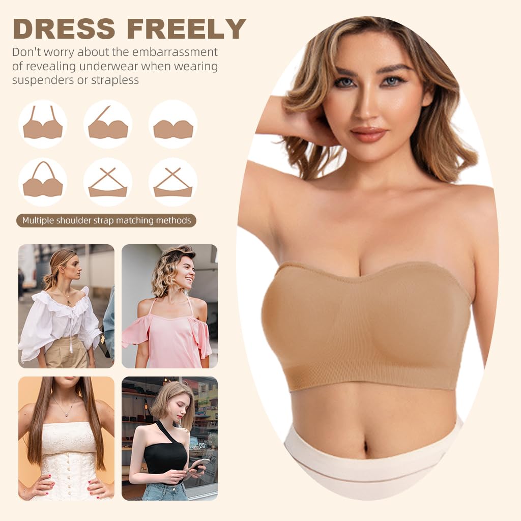 PALAY Strapless Bra for Women Padded Non-strap Bra for Heavey Breast Off-Shoulder Bra Removable Breast Pads Design Non-slip Bra Casual Strapless Bra, M