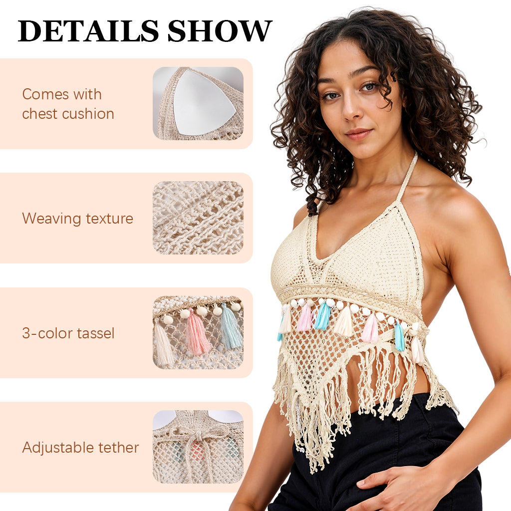 PALAY Women's Summer Crochet Granny Square Halter Tops Boho Sleeveless Backless Fringe Trim Cami Cover Up Tank Crop Top