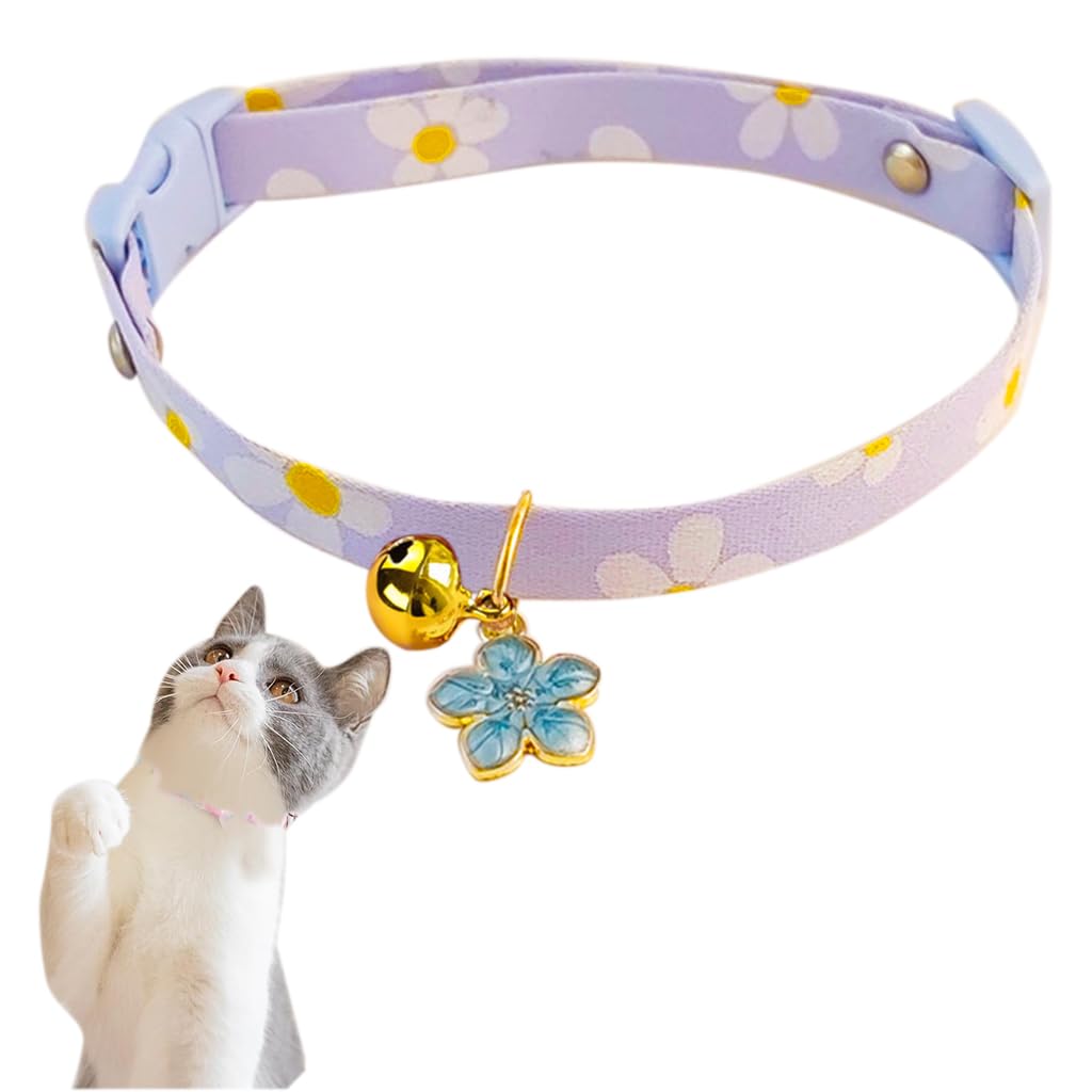 Qpets Cat Collar with Bell Cotton Cat Collar with Sakura Flower Charm Quick Release Buckle Design 18-32cm Adjustable Cat Collat Cute Purple Floral Print Cat Collar