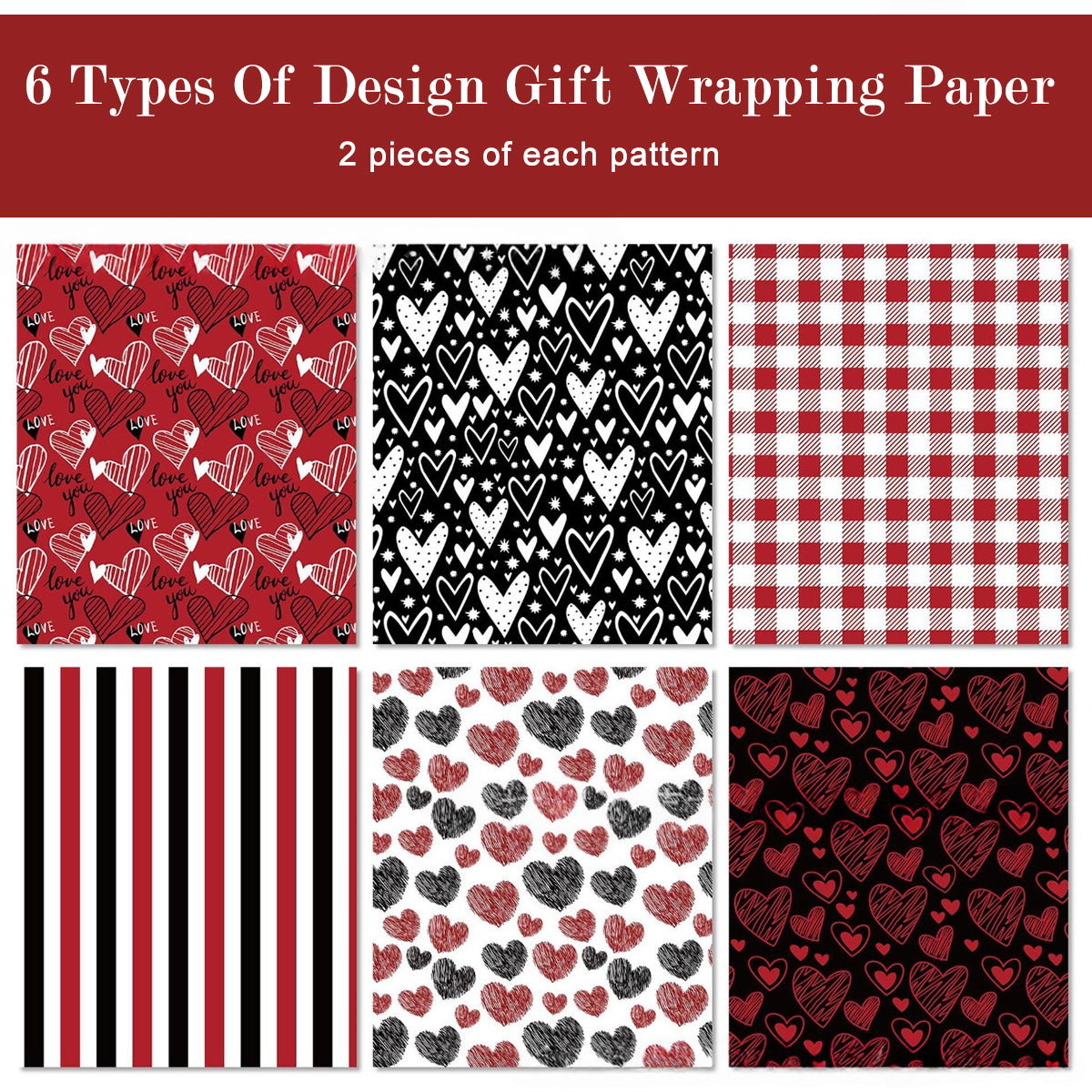 HASTHIP 12 Sheet Valentine's Day Wrapping Paper for Men Women - Heart, Love Design Gift Wrap Gift Packing Material for Birthday, Wedding, Anniversary, 26.7x16.7inches