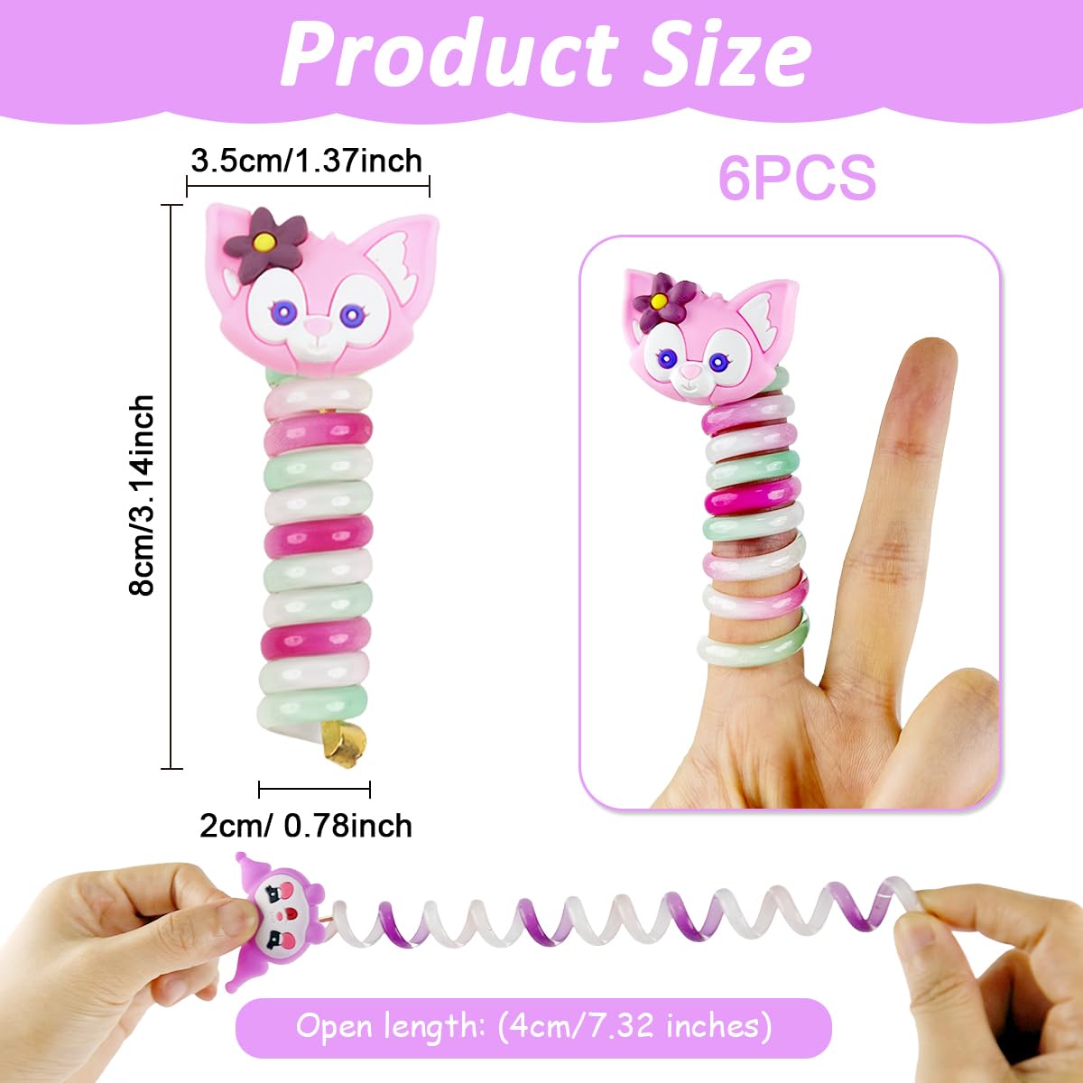 PALAY 6Pcs Telephone Wire Hair Band for Kids Cartoon Spiral Hair Ties Cute Kids Hair Accessories for Girls Kawaii Spring Rubber Bands for Hair Braids Ponytail Maker