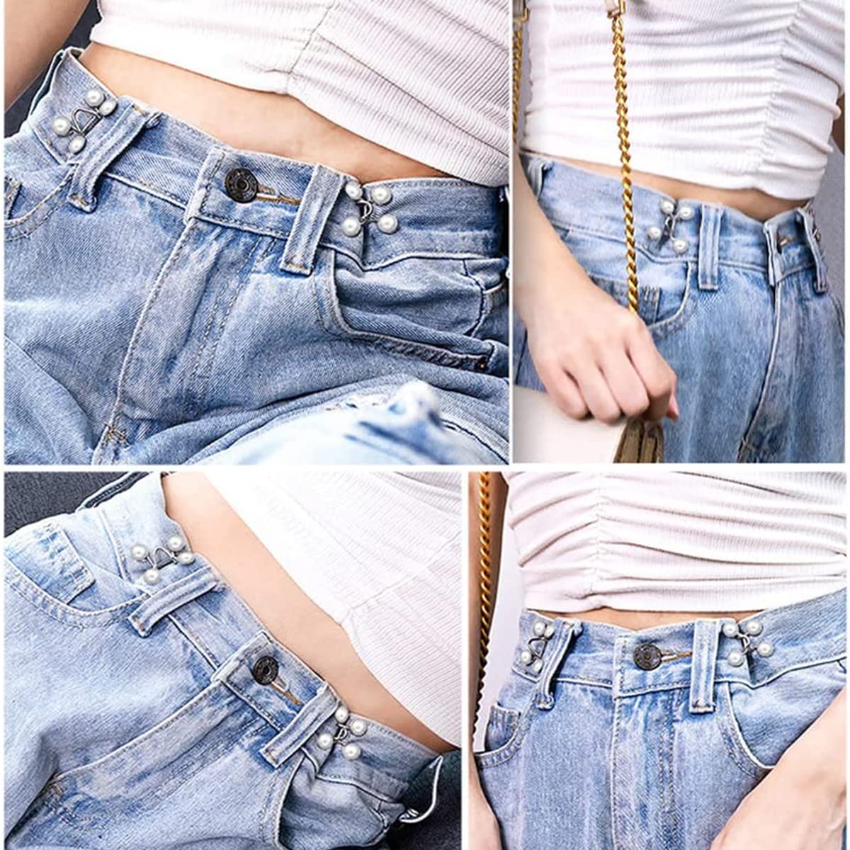 SANNIDHI 4Pcs Adjustable Waist Buckle for Loose Jeans Pants, Pearl Detachable Instant Jeans Button Pins Waist Tightener Set, Make the Waist Fit for Skirt Pants Robe, No Sewing Required