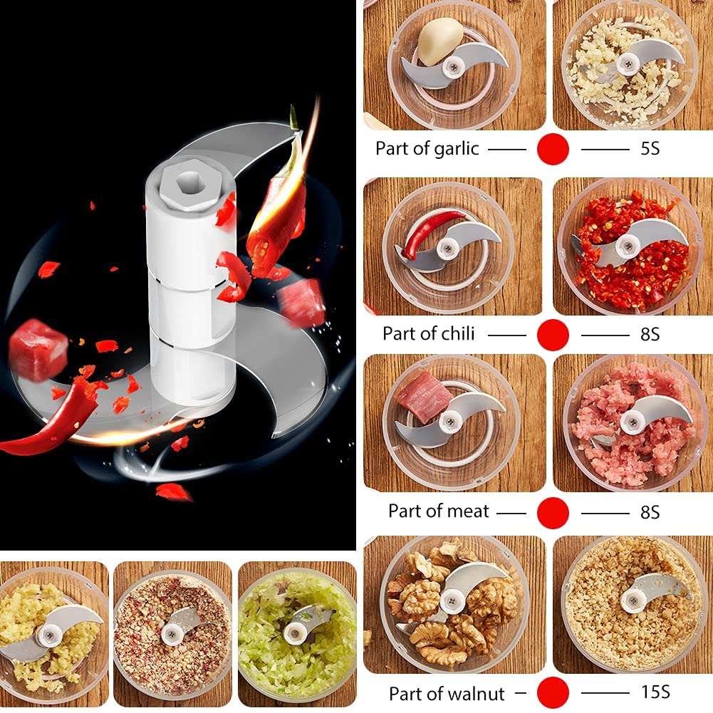 HASTHIP Mini Electric Chopper, USB Rechargeable Garlic Mincer with 250ML Portable Food Container, Food Baffle & Stainless Steel Blades for Mincing Garlic, Onions, Fruits, Vegetables, Meat (White)