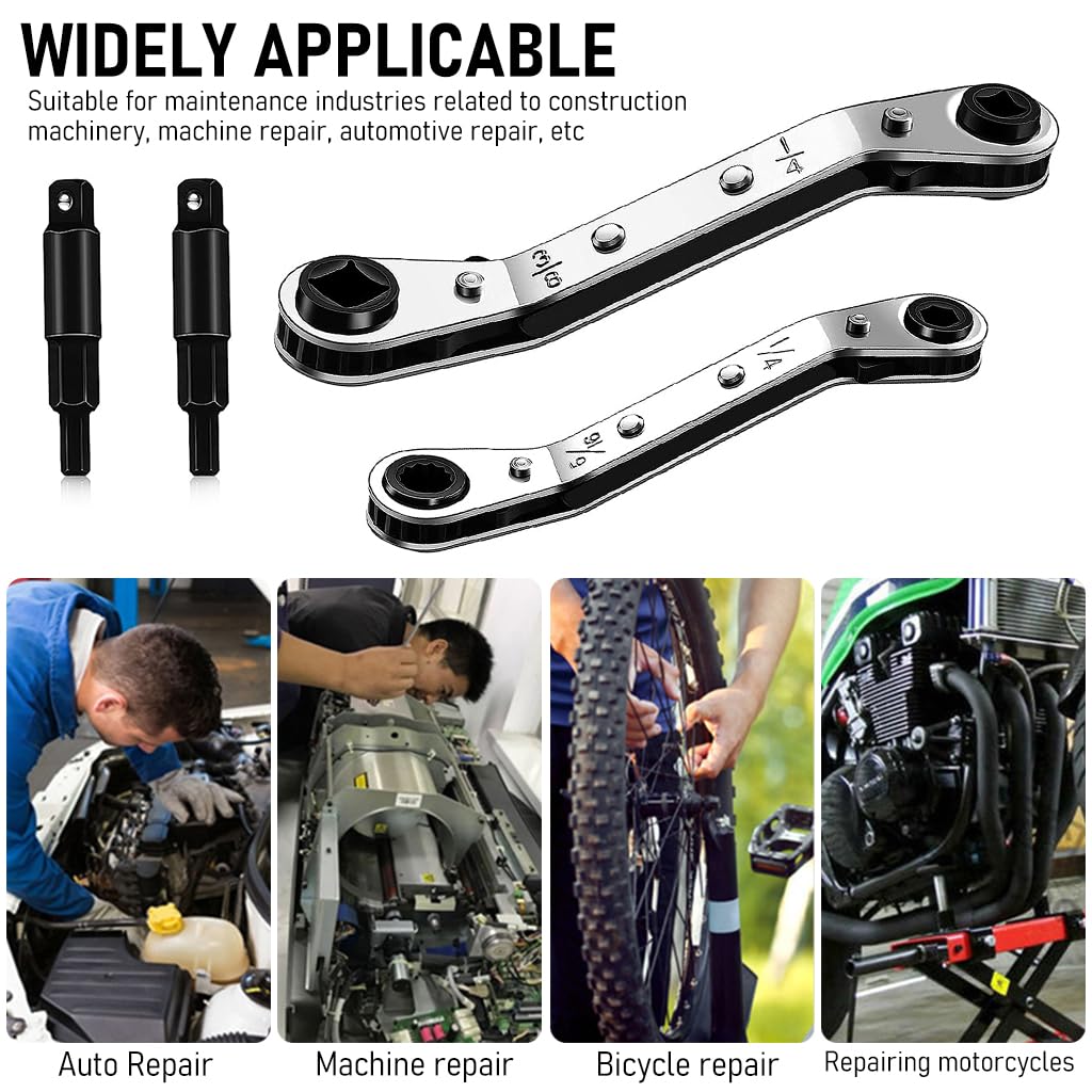 Serplex Hvac Service Wrench Tool, 3/16'' to 3/8'' 5/16'' x 1/4'' Air Conditioner Valve Ratchet Wrench with 2 Hexagon Bit Adapter Kit Refrigeration Service Wrench Set Car Repair Tool Wrench Tool