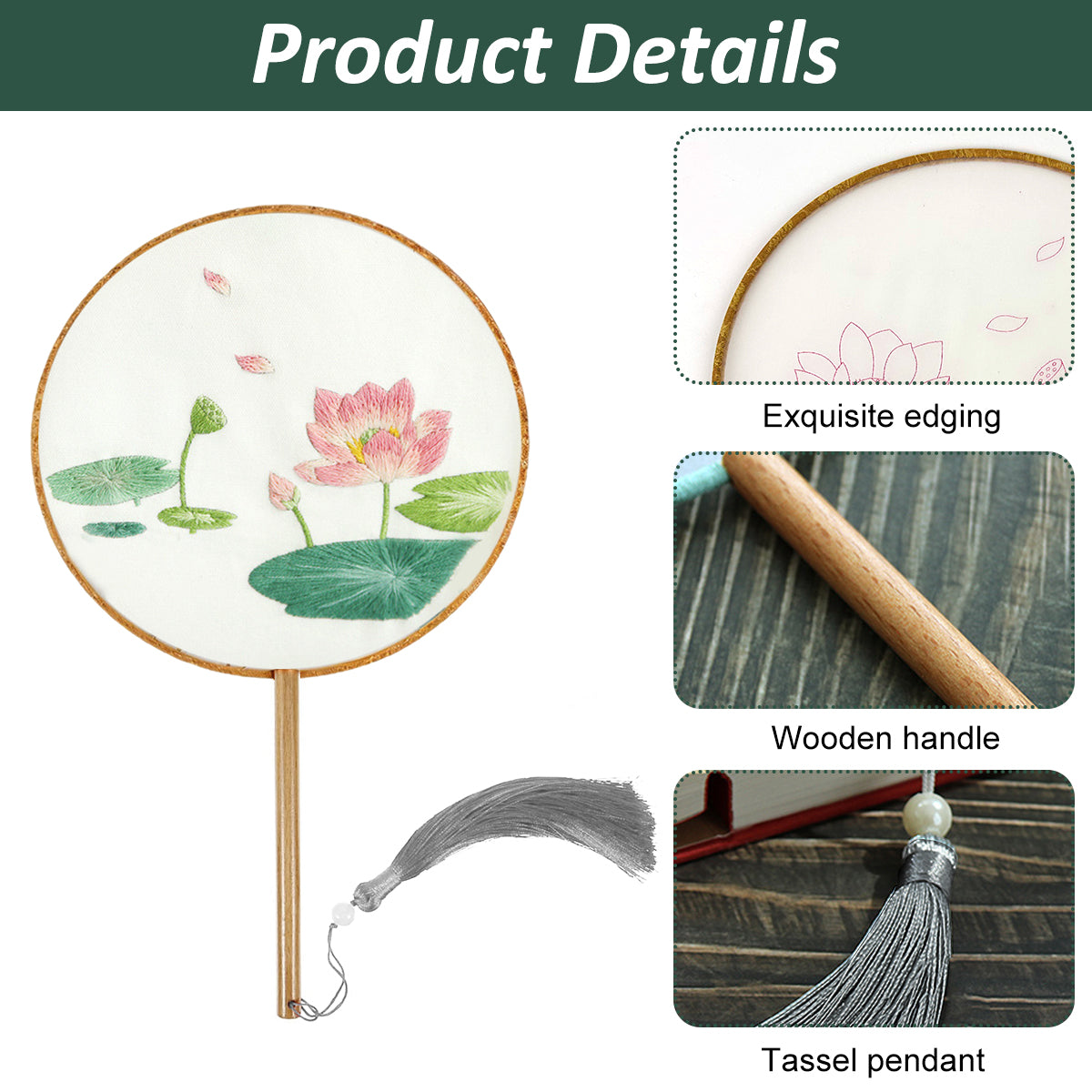 HASTHIP DIY Hand Fan Material Art Kit Handmade DIY Fabric Tassel Embroidery Lotus Wooden Handle Hand Fan Material Pack DIY Hand Fan Gift Mother's Day Gift Birthday Gift