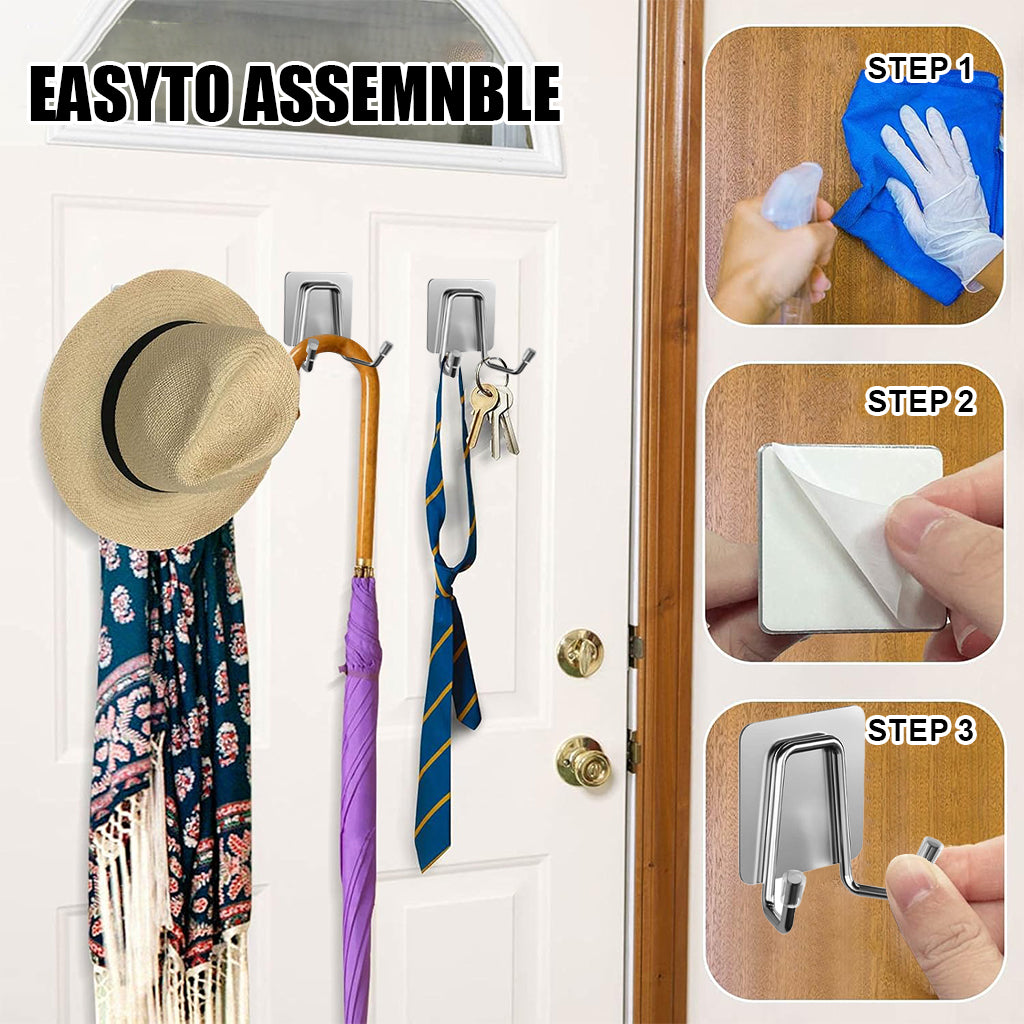 HASTHIP 4Pcs Adhesive Dual Wall Hooks - 304 Stainless Steel Heavy-Duty Towel, Clothes, Sponge Holder, Space-Saving Utility for Kitchen, Bathroom, Bedroom (Silver)
