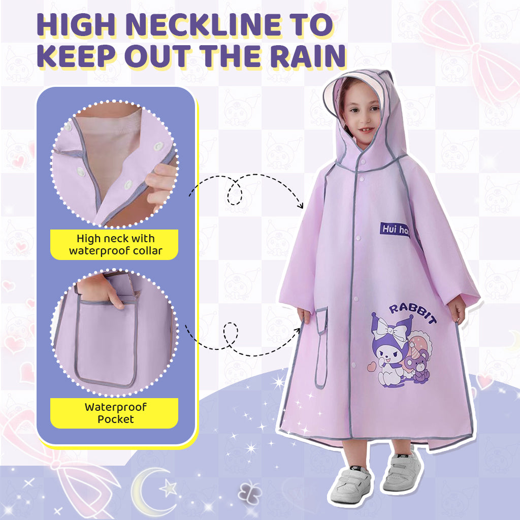 PATPAT Rain Poncho for Girls Kids Rain Coat EVA Rain Coat Knee-length Rain Coat with Transparent Wide Brim Hat & Pocket Button-Up High Collar Rain Coat Cartoon Kuromi Rain Coat for School, Camping, M