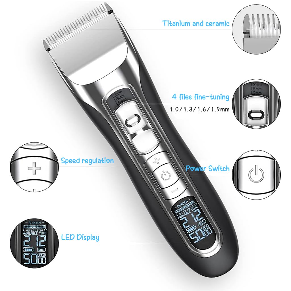 ZIBUYU Electric Dog Trimmer, Dog Grooming Kit with 2 Limiting Comb, Cleaning Brush USB Hair Trimmer for Thick Long Hair Dogs, Cats Switchable 5 Speed Mode Pet Grooming Hair Clipper For Dogs Cats