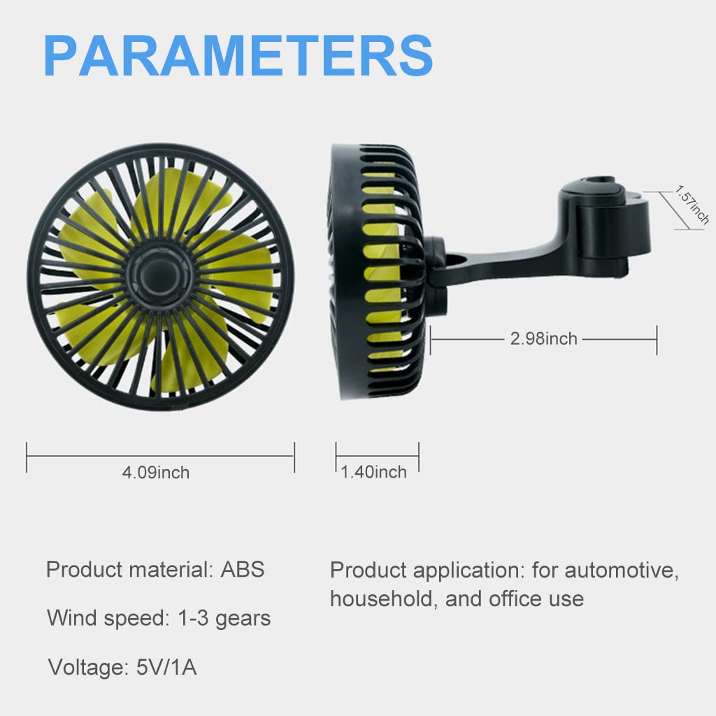 Verilux USB Fan for Car Back Seat, Headrest Mounted 5V USB Mini Fan with 3 Speed, Rotatable USB Fan with USB Cable, Switch Controller, USB fan for Baby, Back Seat Passengers, Plug and Play
